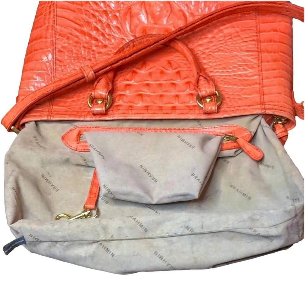 BRAHMIN Croc Embossed Leather Rolled Top Handle Tangerine Satchel Shoulder Bag